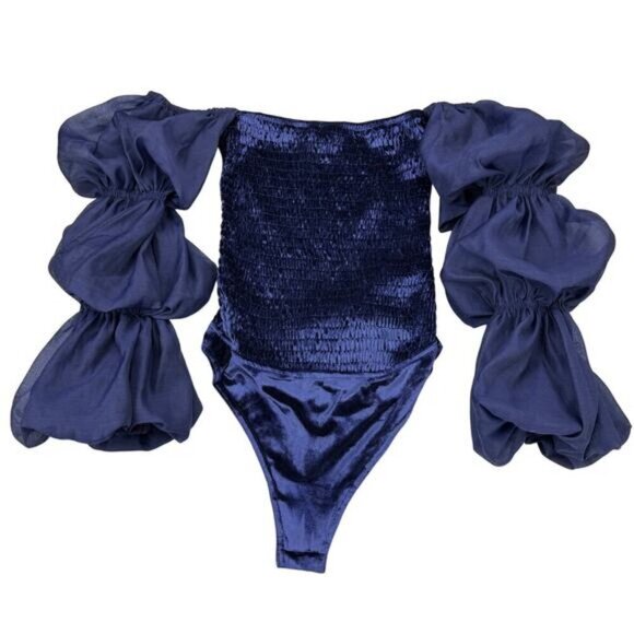 FREE PEOPLE Girls Just Wanna Smocked Velvet Puff Sleeve Bodysuit XS Blue Purple - Picture 2 of 6